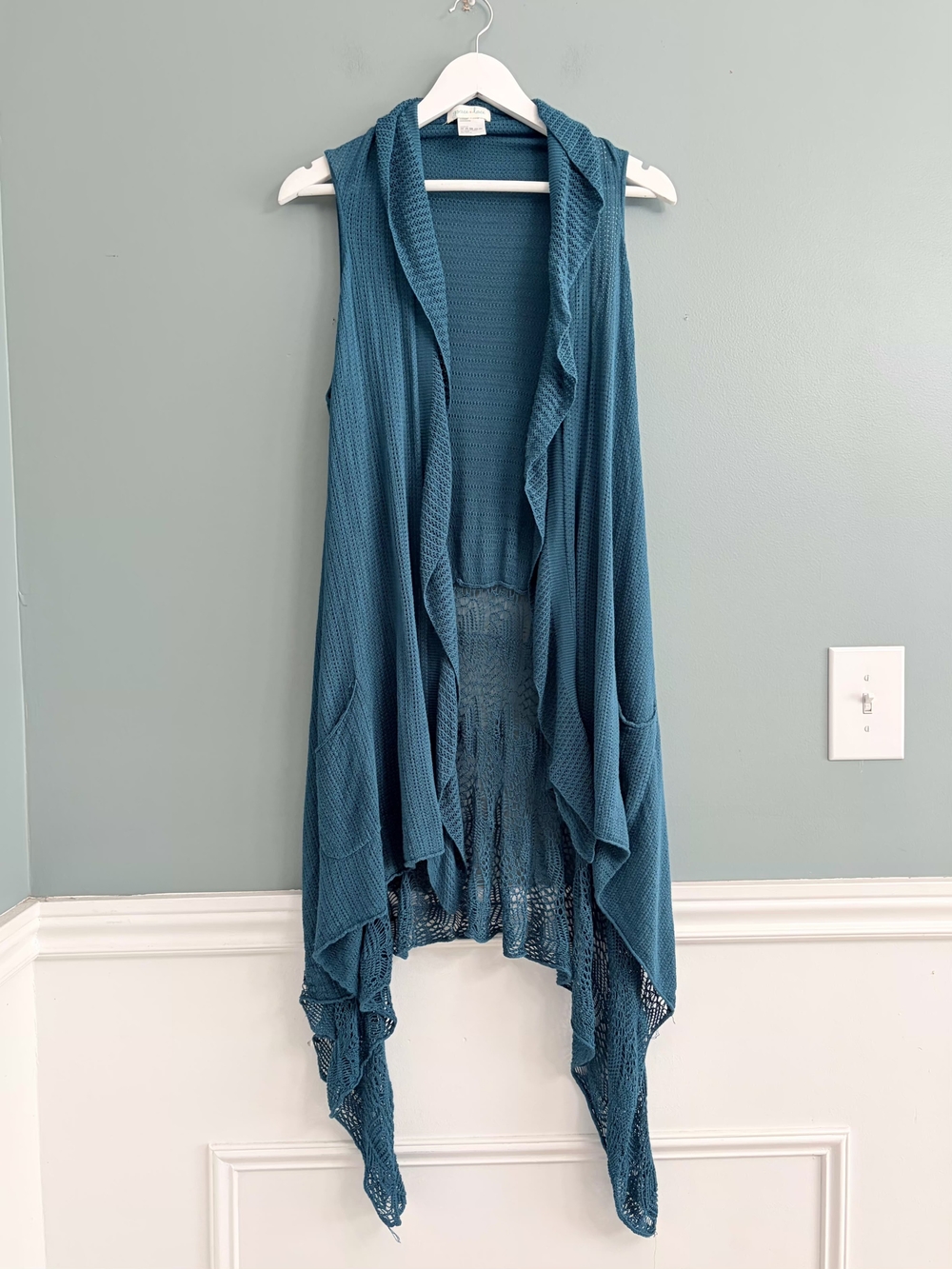 Grace & Lace Teal Open Knit Sleeveless Duster Vest Handkerchief Coverup